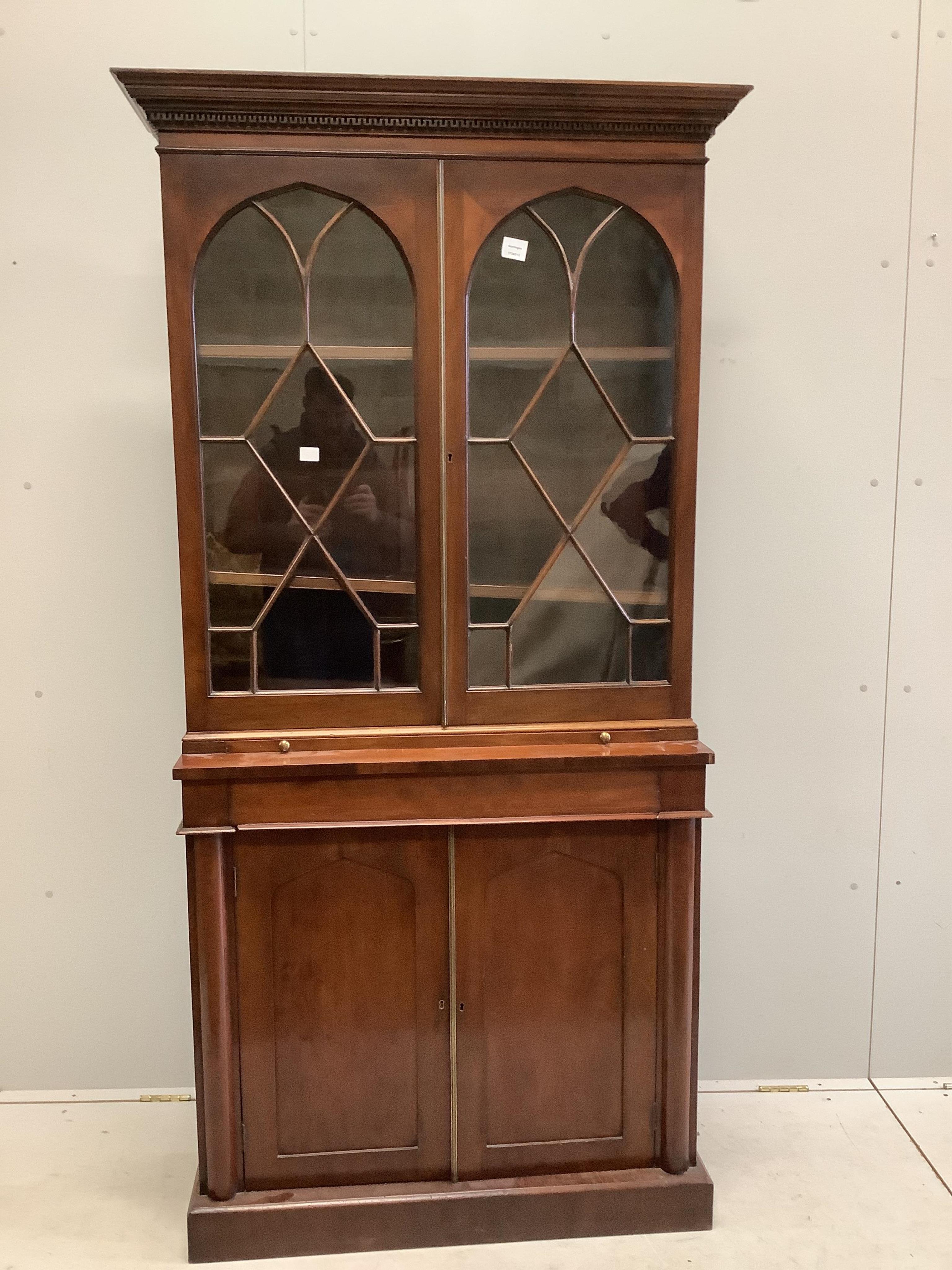 A Victorian mahogany chiffonier bookcase, width 91cm, depth 37cm, height 186cm. Condition - fair